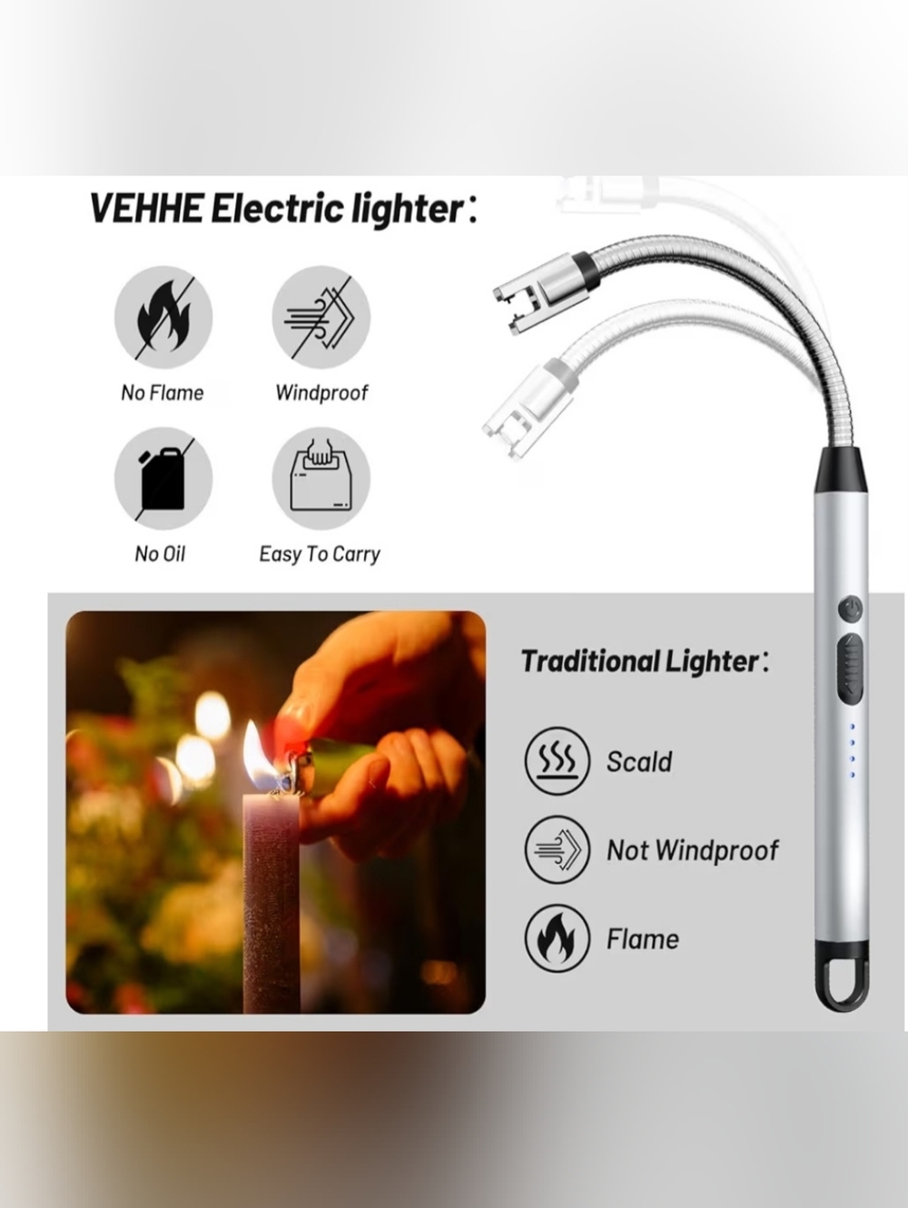 BUY IT NOW Electric USB Rechargeable Flexible Neck Lighter - Silver